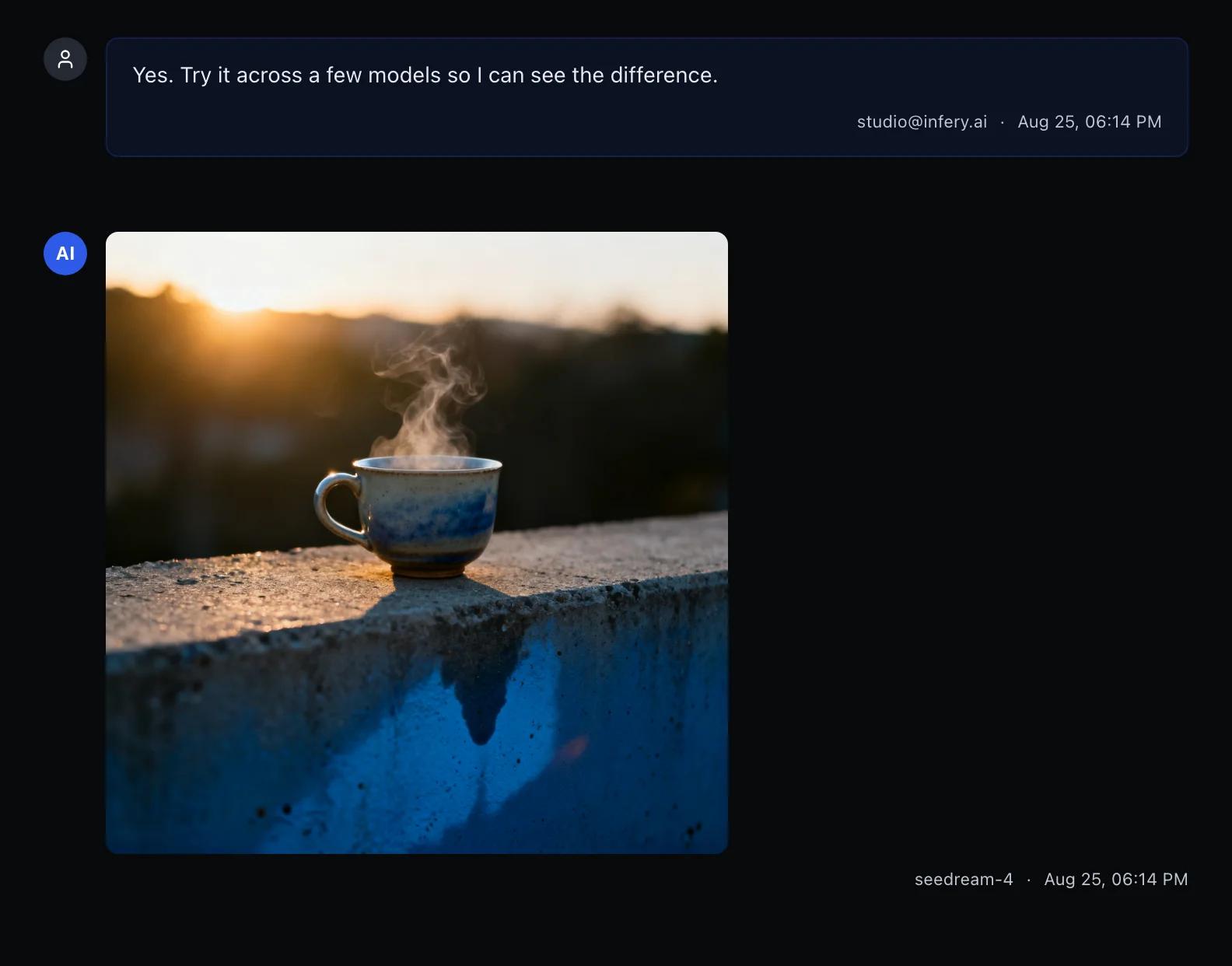 A chat thread in the Studio: the brief agreed in conversation, then the generated opening frame returned in the same thread, labelled with the model that made it.