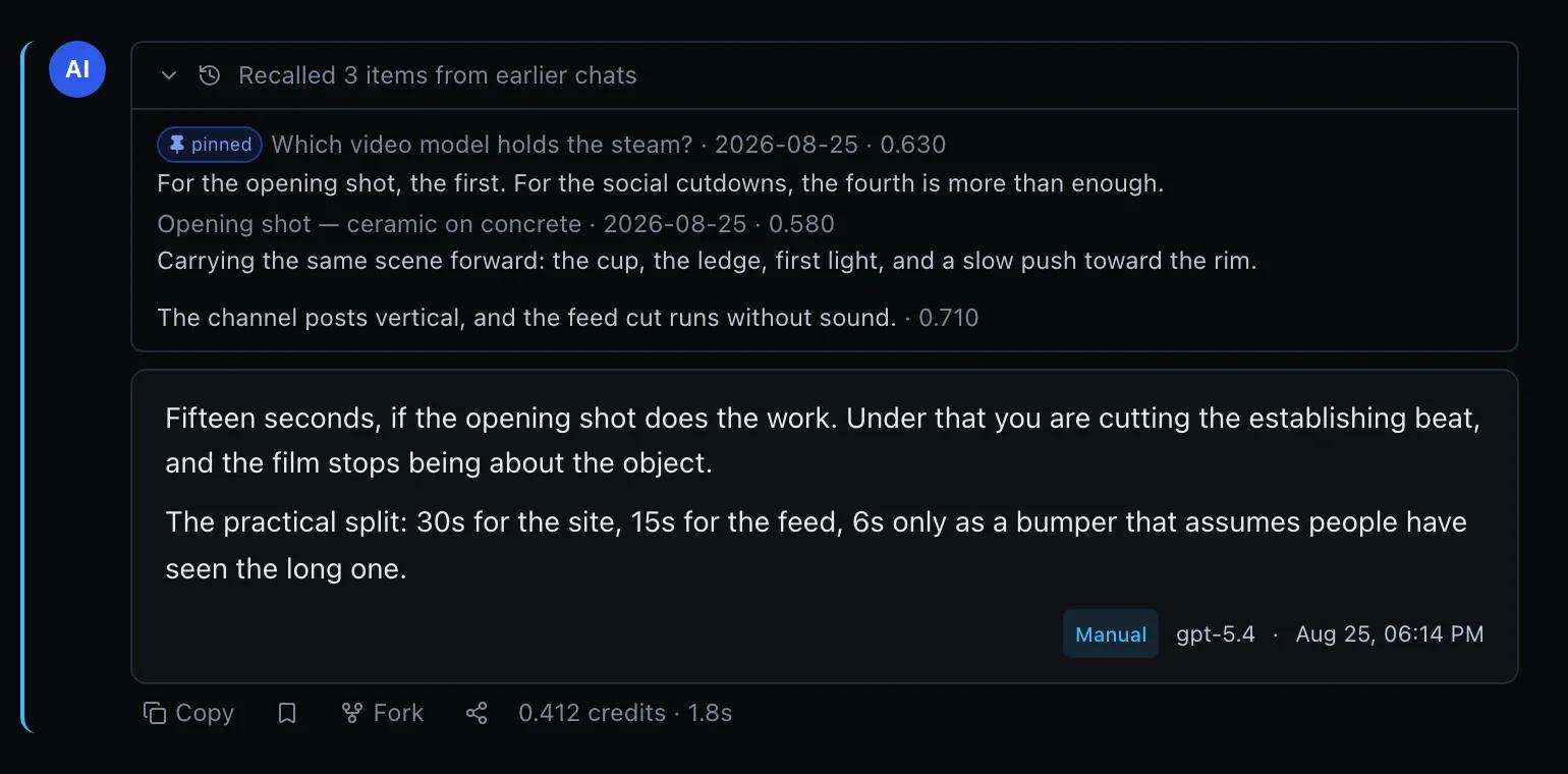 A reply with its recall opened: three items pulled from earlier chats, each named with its source conversation, its date and its retrieval score, one of them marked as arriving through a pinned topic.