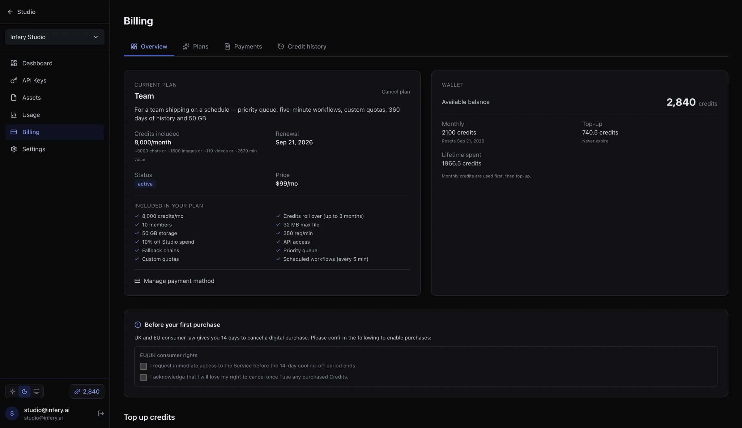 The billing page: one plan with its monthly credits, beside a wallet showing available balance split into monthly and top-up credits.