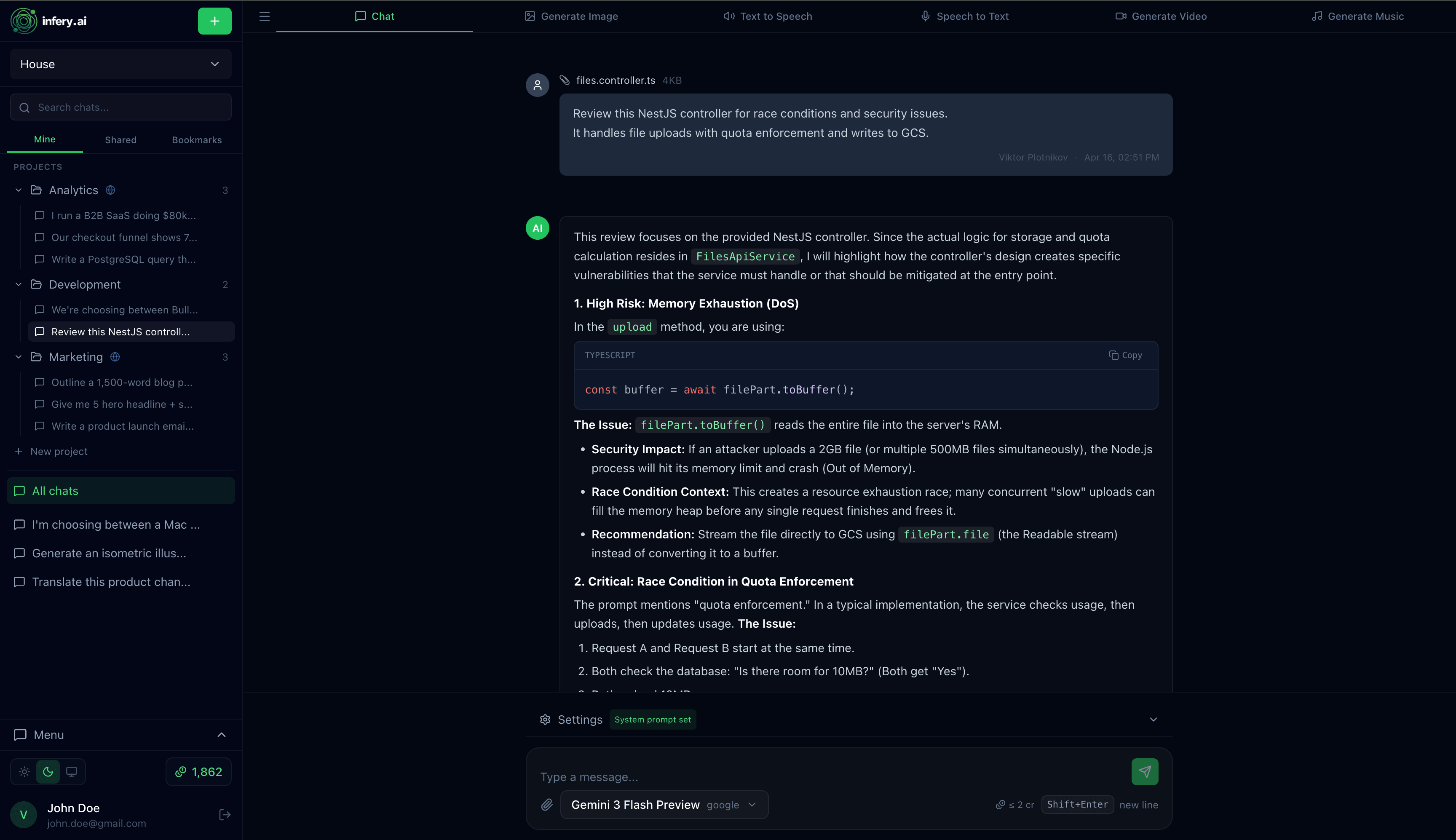 Infery.ai playground