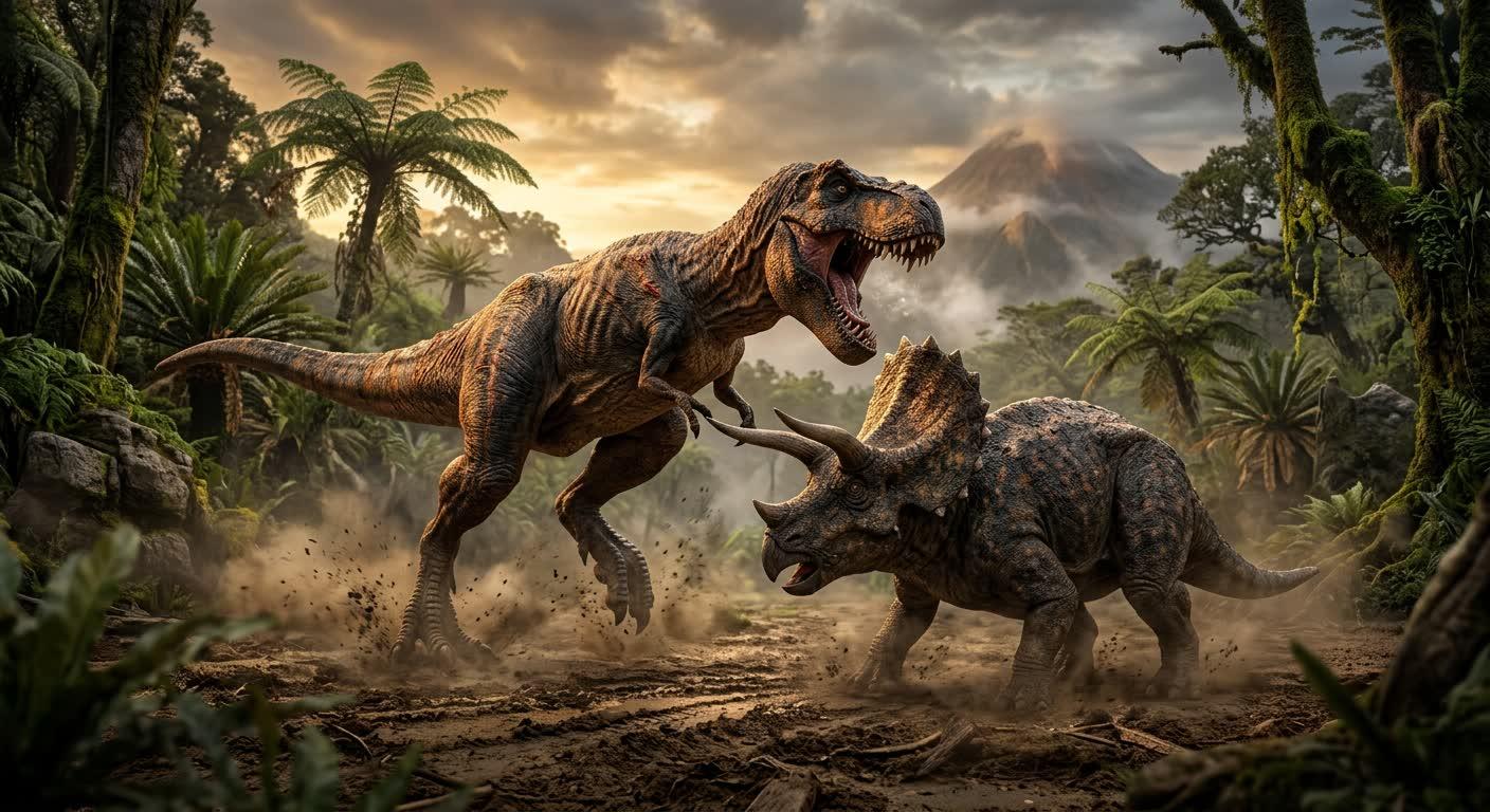 A tyrannosaur mid-lunge at a triceratops on churned mud in a fern jungle, dust and debris thrown up around their feet, tree ferns and moss-covered trunks on both sides and a smoking volcano behind them in the sunrise haze