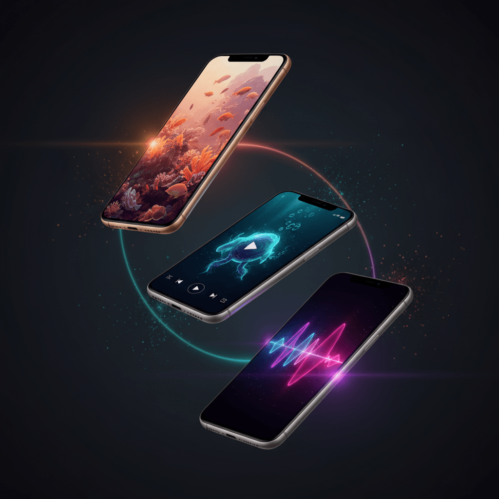Three floating phones showing image, video and music content connected by glowing beams