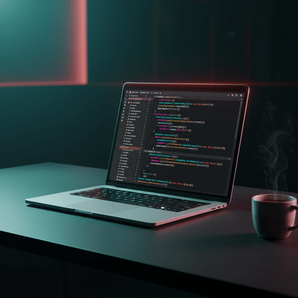 RGB mechanical keyboard and monitor showing glowing multicoloured code under dramatic gel lighting