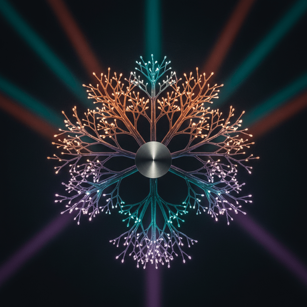 Dense bundle of vibrant fibre-optic light cables fanning out radially from a central hub