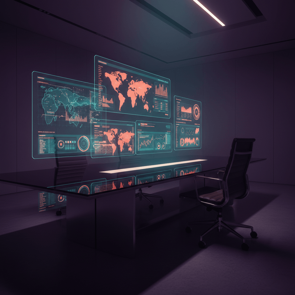 Modern glass corporate tower at dusk reflecting a vibrant coral, violet and teal sunset gradient