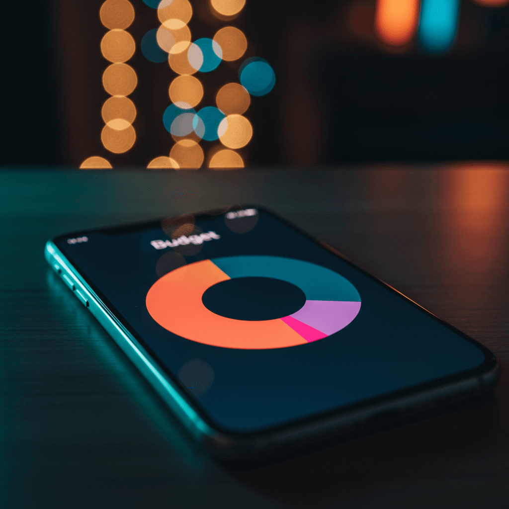 Smartphone showing a vibrant multi-segment budget chart with warm bokeh background