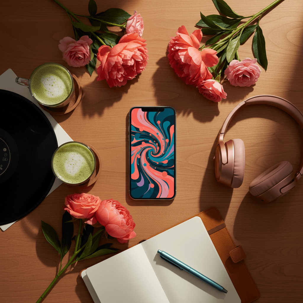 Editorial flat-lay of a warm wooden table with a phone displaying vibrant AI artwork, flowers, matcha and headphones
