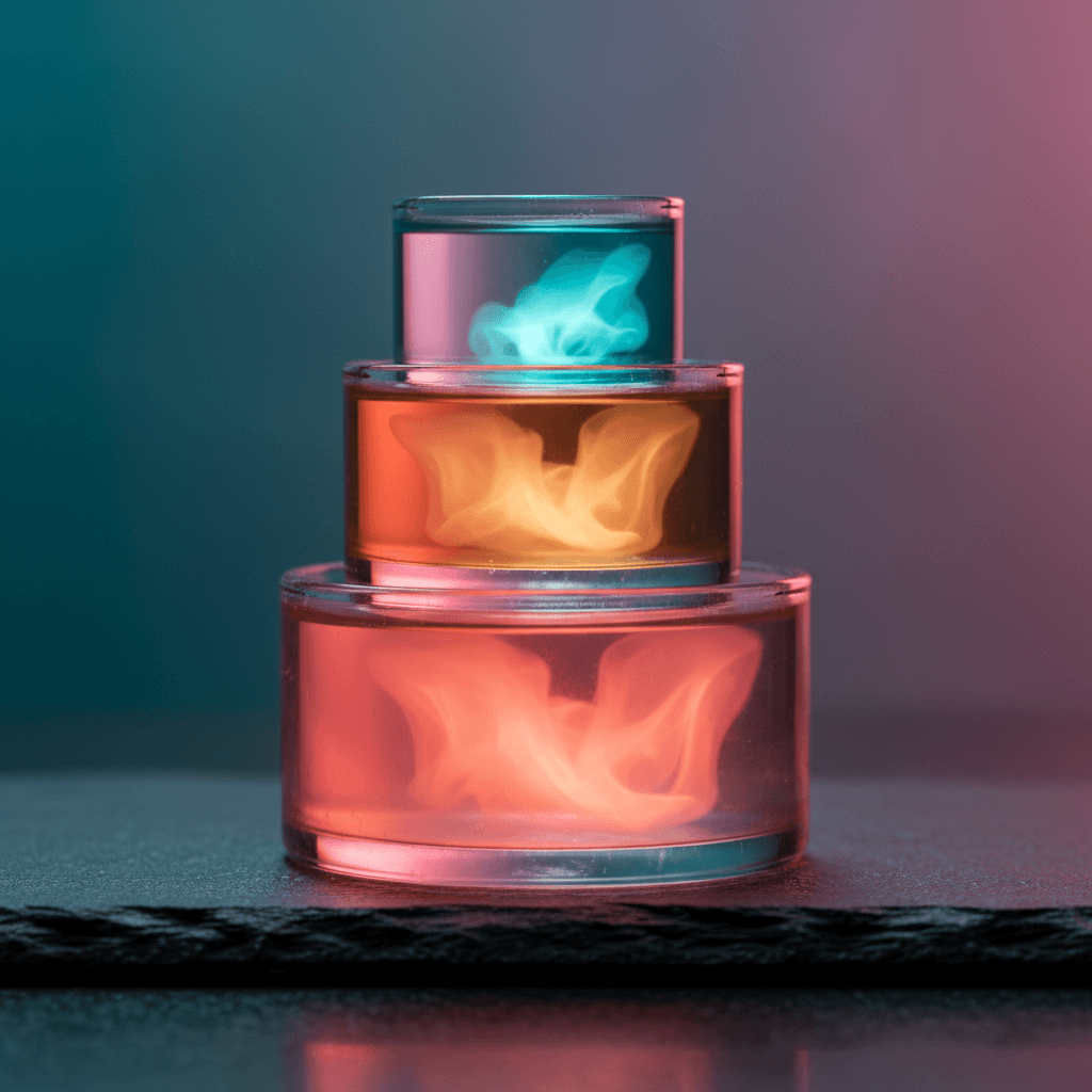 Three stacked transparent glass cylinders filled with glowing liquids in coral, amber and teal