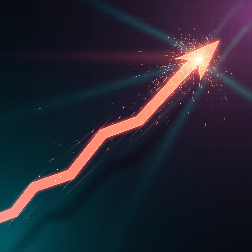 Vibrant ascending growth chart drawn as a glowing coral and amber ribbon on a dark gradient