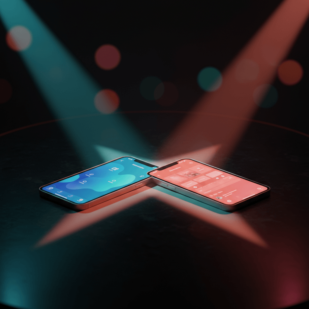 Two smartphones side by side showing prototype and production apps in vibrant gradients