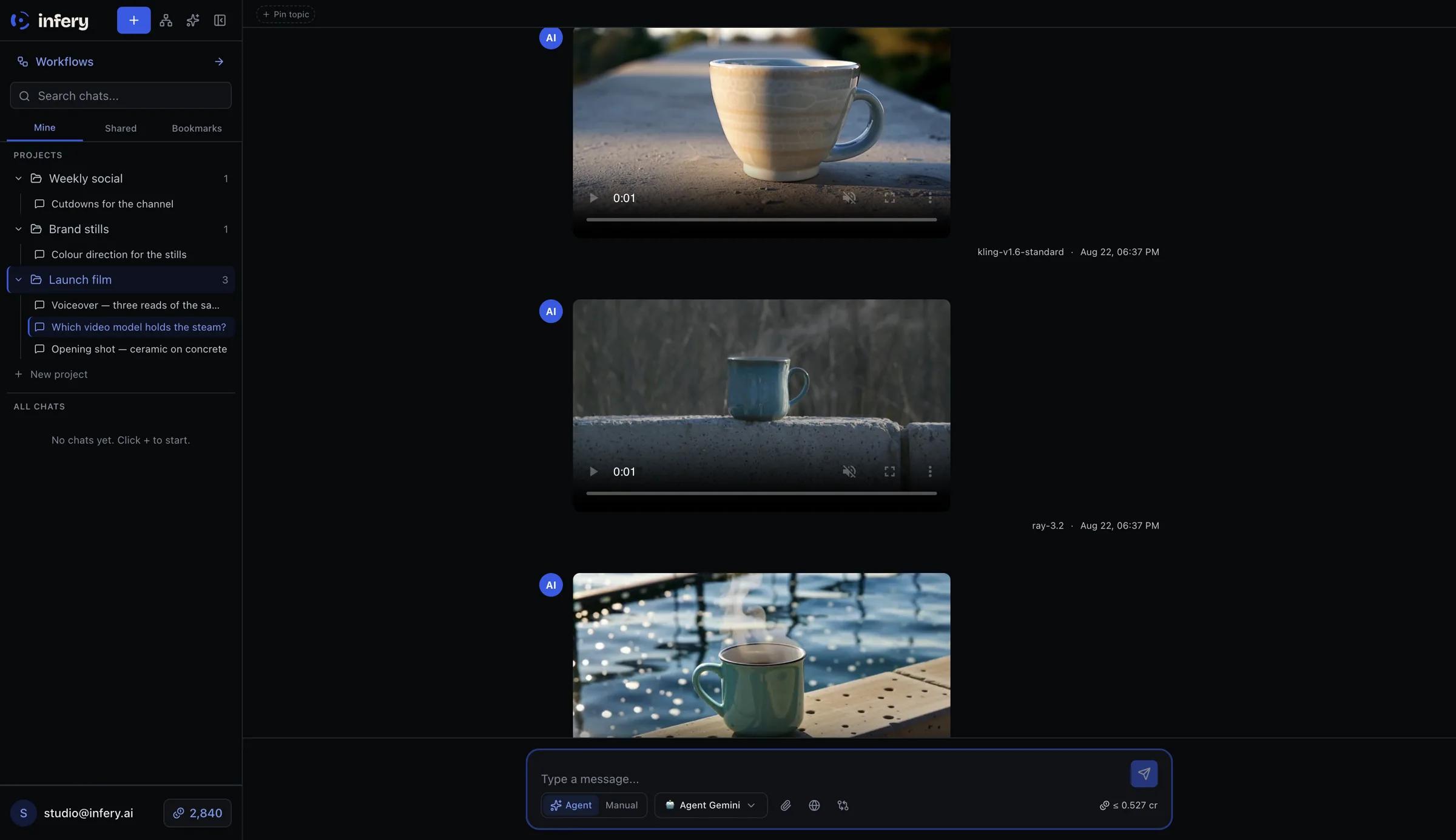 One prompt sent to four video models, their clips returned side by side in the same thread, each labelled with the model that made it.