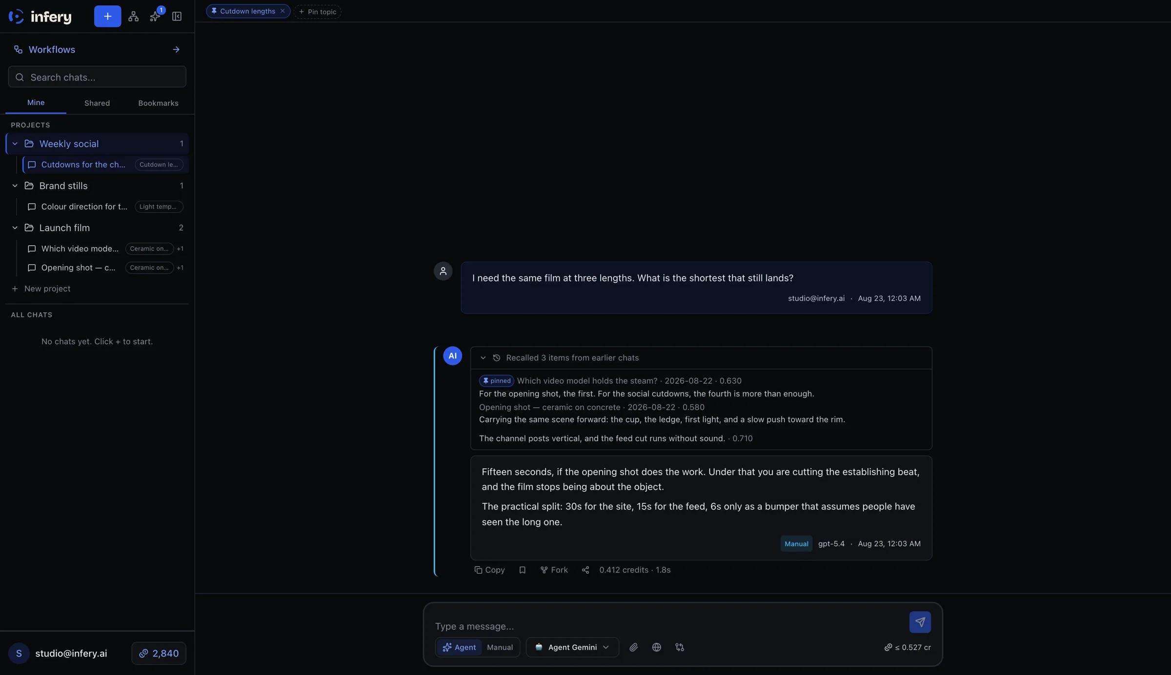 A reply with its recall opened: three items pulled from earlier chats, each named with its source conversation, its date and its retrieval score, one of them marked as arriving through a pinned topic.