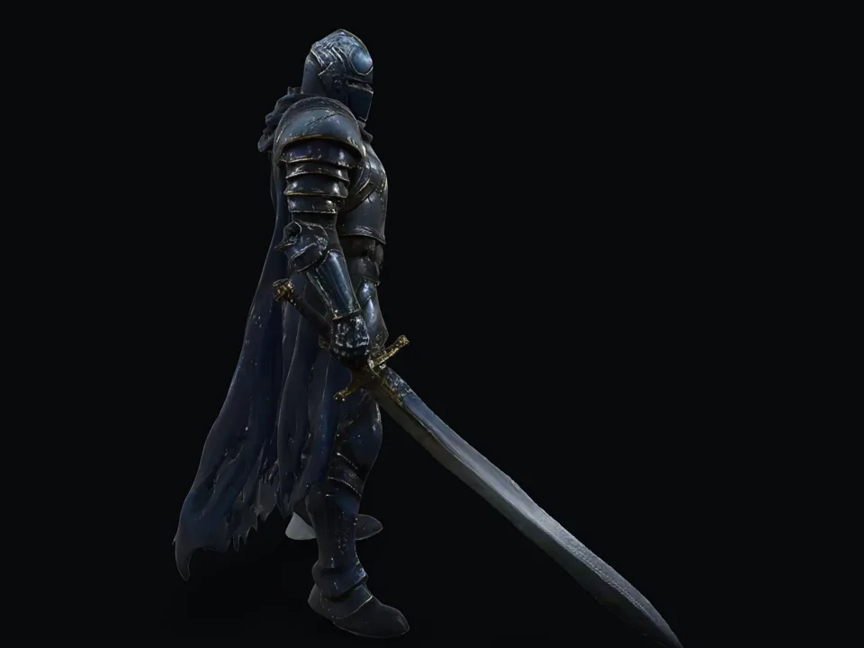 A generated 3D knight in dark plate armour with a torn cape and a longsword